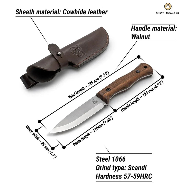 BeaverCraft Breeze Bushcraftkniv - mål og detaljer
