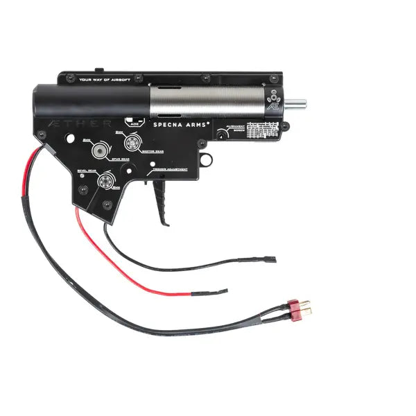 Specna Arms Aether HAL ETU komplett V2 gearbox med ledninger og Deans-plugg, sett fra siden