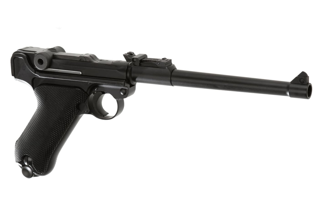 WE Luger P08 8 tommer gassdrevet softgun - sort