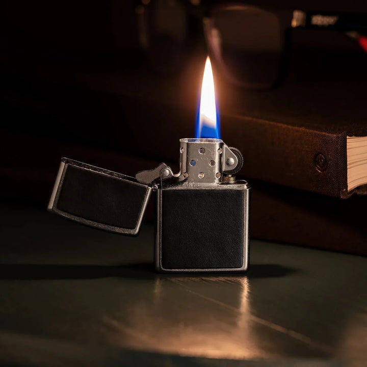 Zippo - Black Leather Emblem - Street Chrome Lighter - Game-On.no